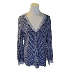 Joie Navy Blue and White Silky Star V-Neck Long Sleeve Blouse Size Medium
